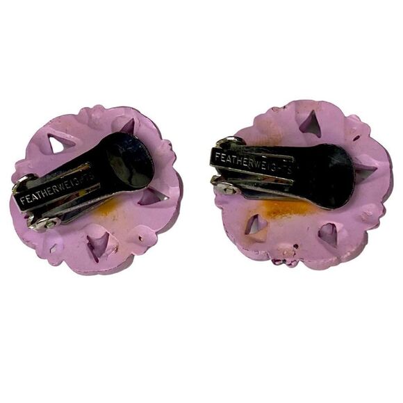 Earrings – Vintage 1950s Purple Celluloid Rhinestone Featherweight Clip-Ons - Picture 2 of 2